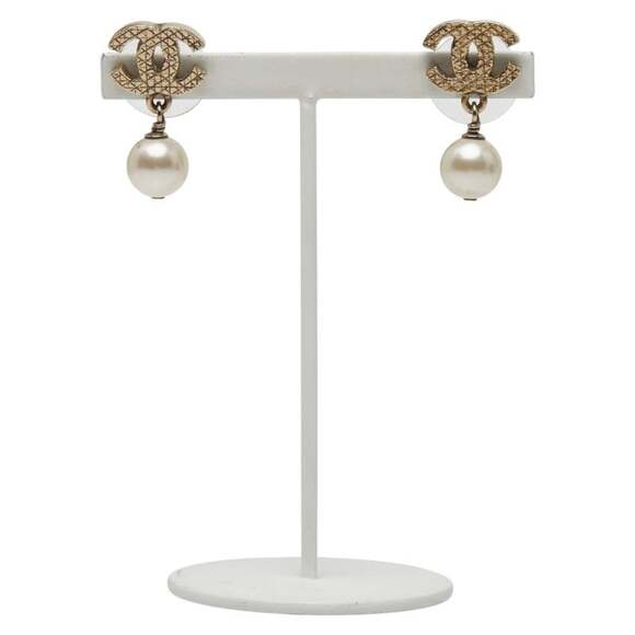 CHANEL Gold Pearl Logo Earrings